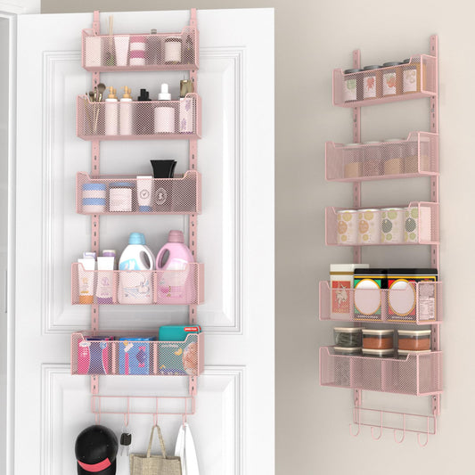 Pink Over the Door Organizer, 5 Adjustable Metal Baskets and Coat Hook