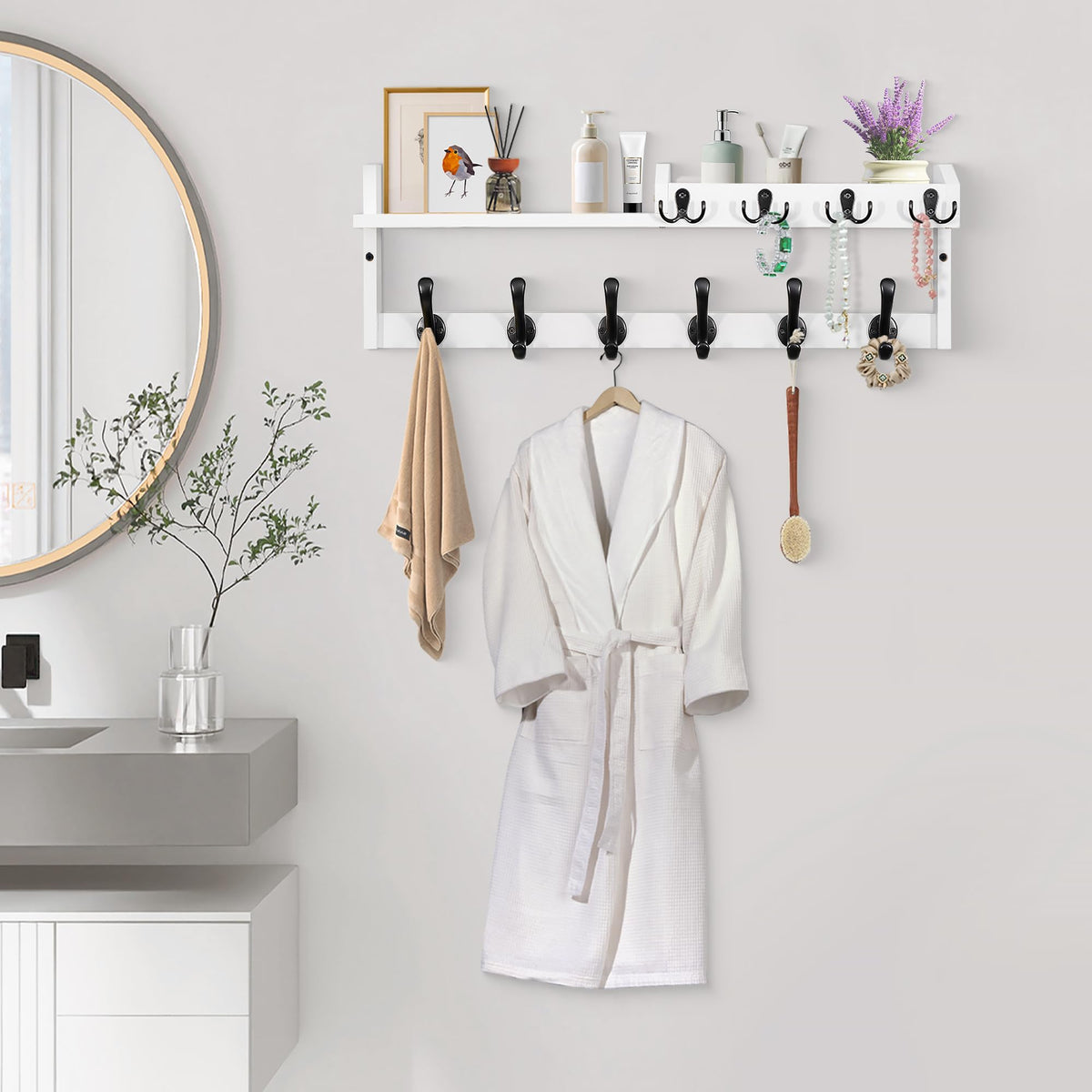 White Wall Coat Rack with Shelf and Mail Holder, 27.5 Inch