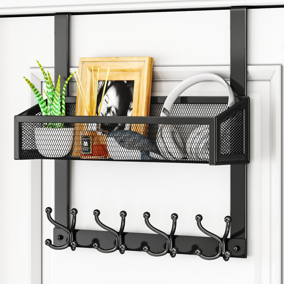 Black Over Door Hooks with Basket, 16 Hooks, Stainless Steel