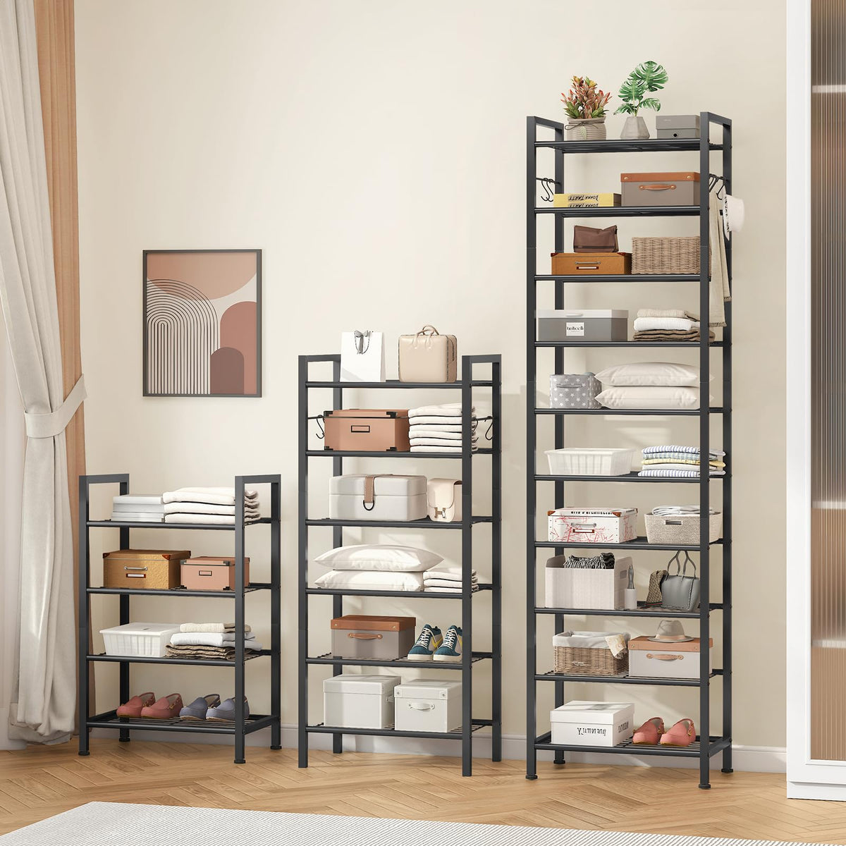 10 Tier Narrow Shoe Rack with 4 Hooks, 20 to 30 Pairs, Black Metal