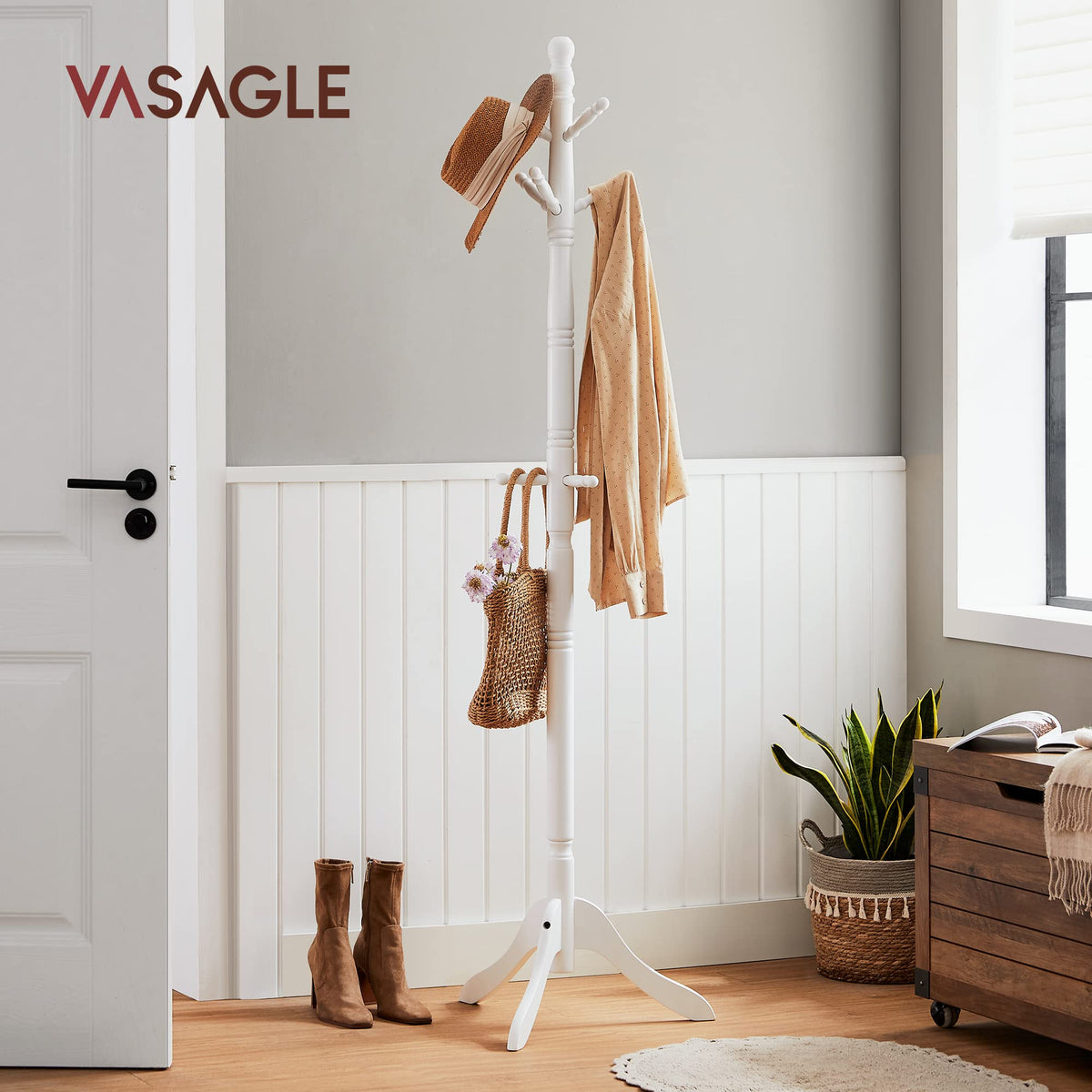 Solid Wood Coat Tree with 9 Hooks, Cloud White, 70.5 Inch Tall