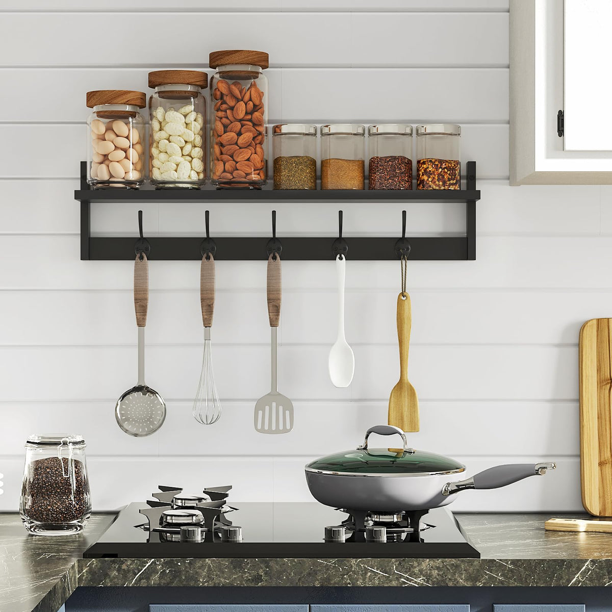 Wall Shelf with 5 Dual Hooks, 28.9 Inch Entryway Coat Rack, Black