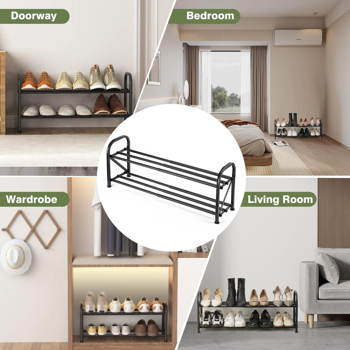 2-Tier Expandable Black Shoe Rack, Extends 16 to 32 Inches