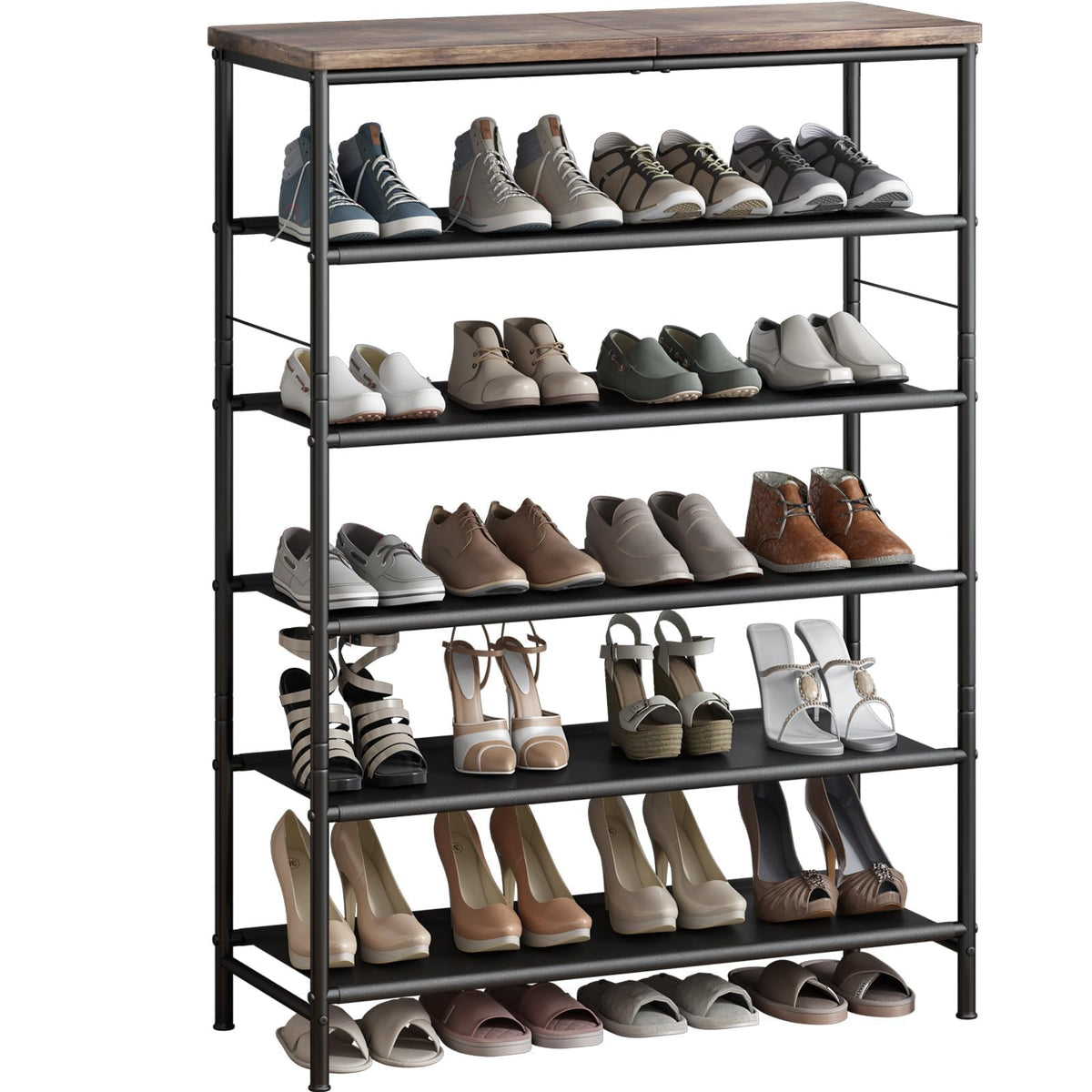 6 Tier Metal Shoe Rack with Wood Top, Black and Rustic Brown