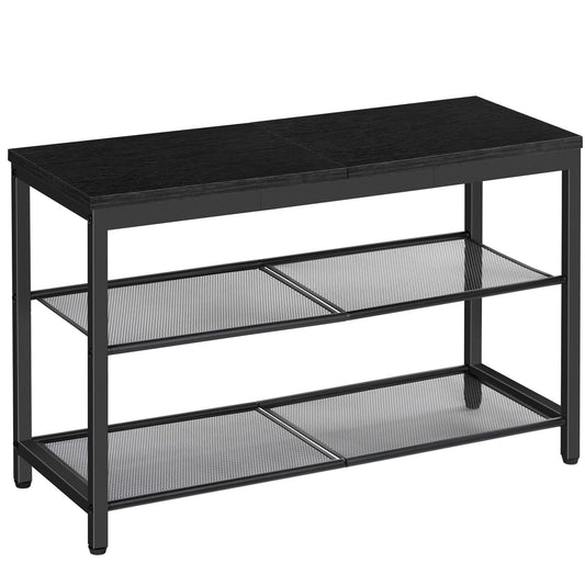 Industrial Shoe Bench, 3 Tier, Black, 29.5 Inch with Mesh Shelves