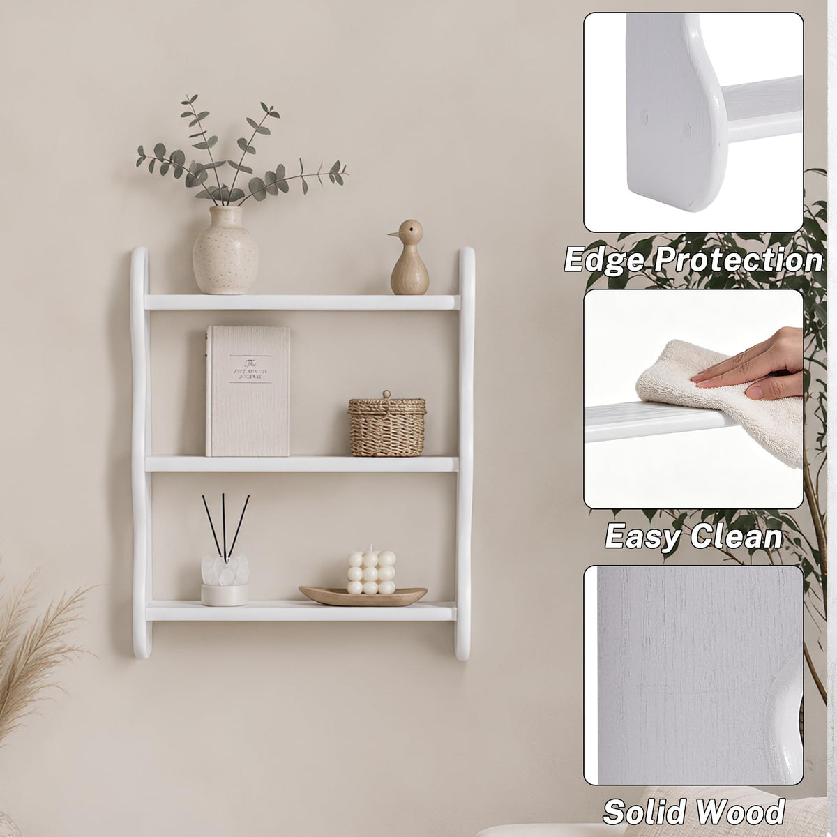 3 Tier Solid Wood Wall Shelf, 18.8 Inch, White Scalloped Design