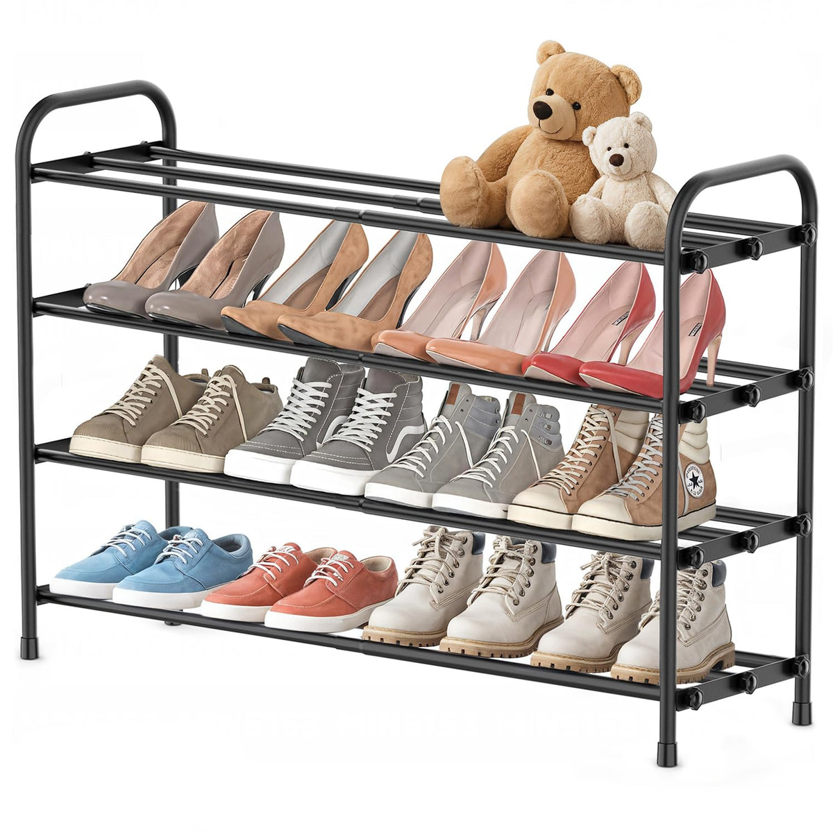 Black Expandable 4-Tier Shoe Rack for Closet Floor and Entryway