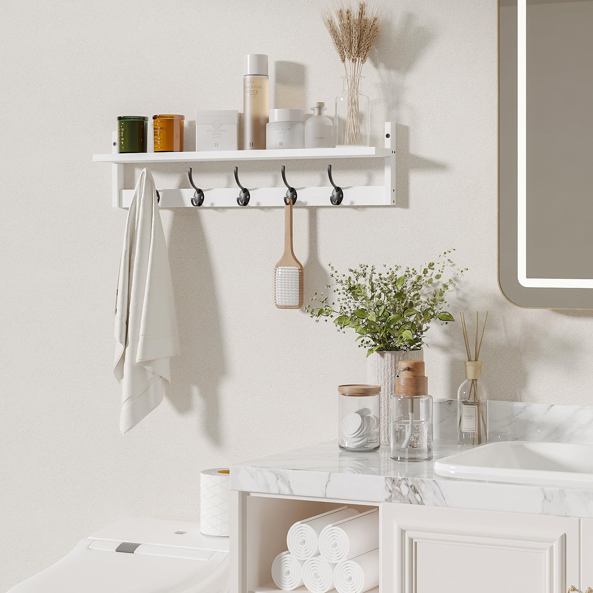 Wood Wall Shelf with 5 Dual Hooks, 28.9 Inch Long