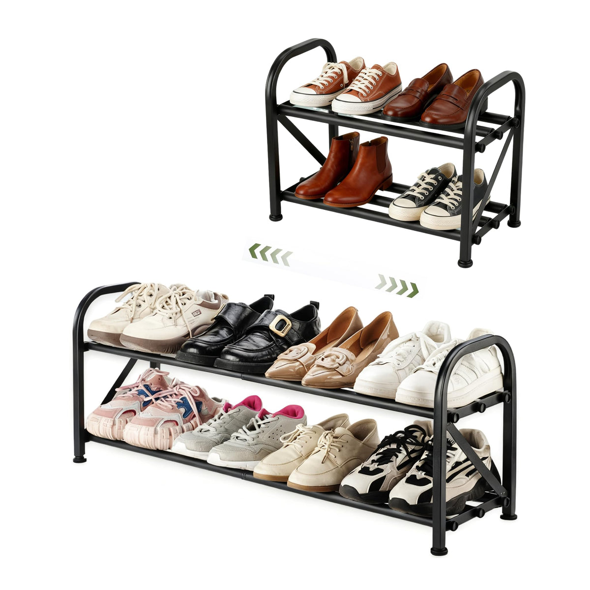 2-Tier Expandable Black Shoe Rack, Extends 16 to 32 Inches