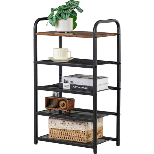 Narrow Metal Shoe Rack with Rustic Wood Top, 17 x 10.24 x 29.13 Inch
