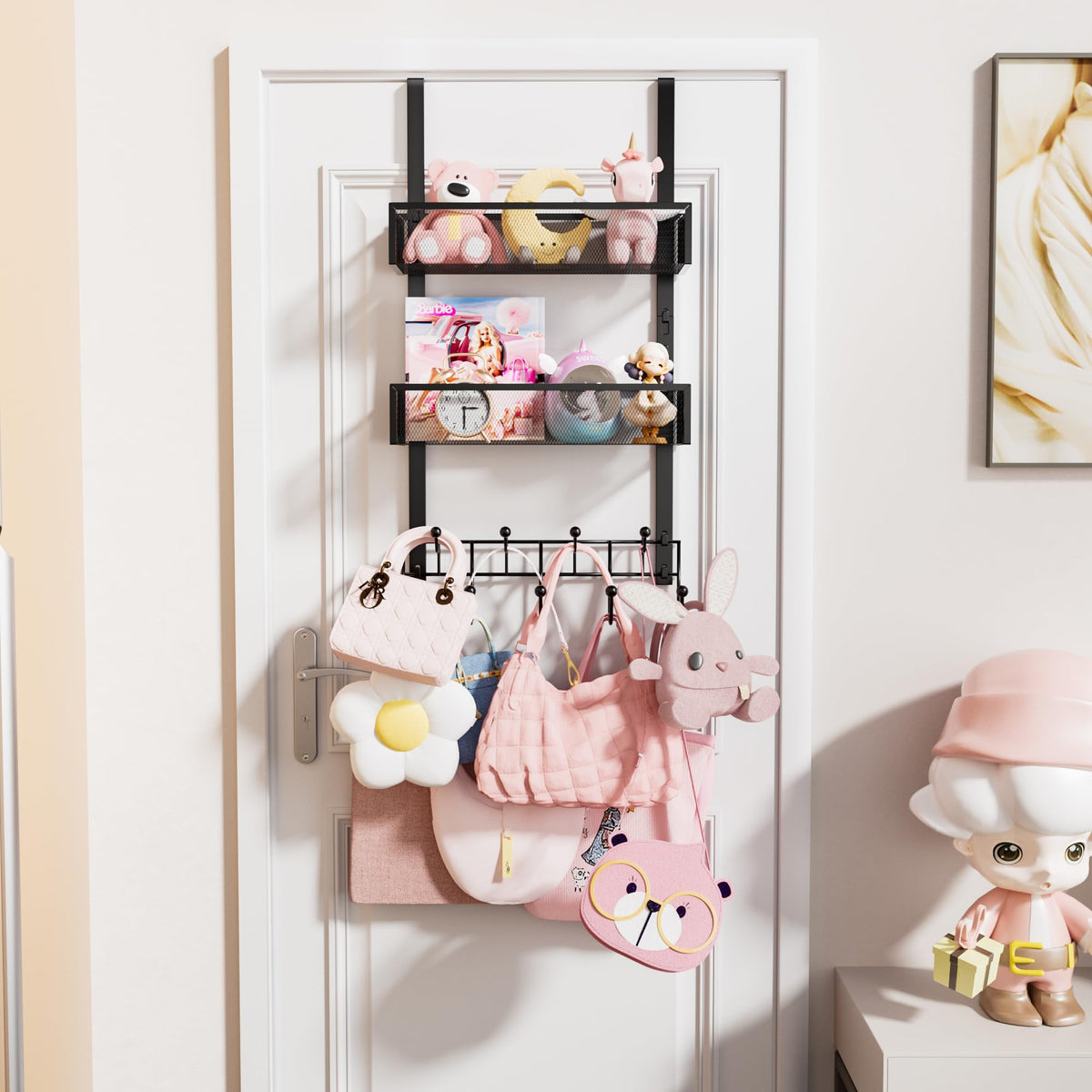 Over the Door Hook Rack with 2 Baskets and 9 Hooks, Black Steel
