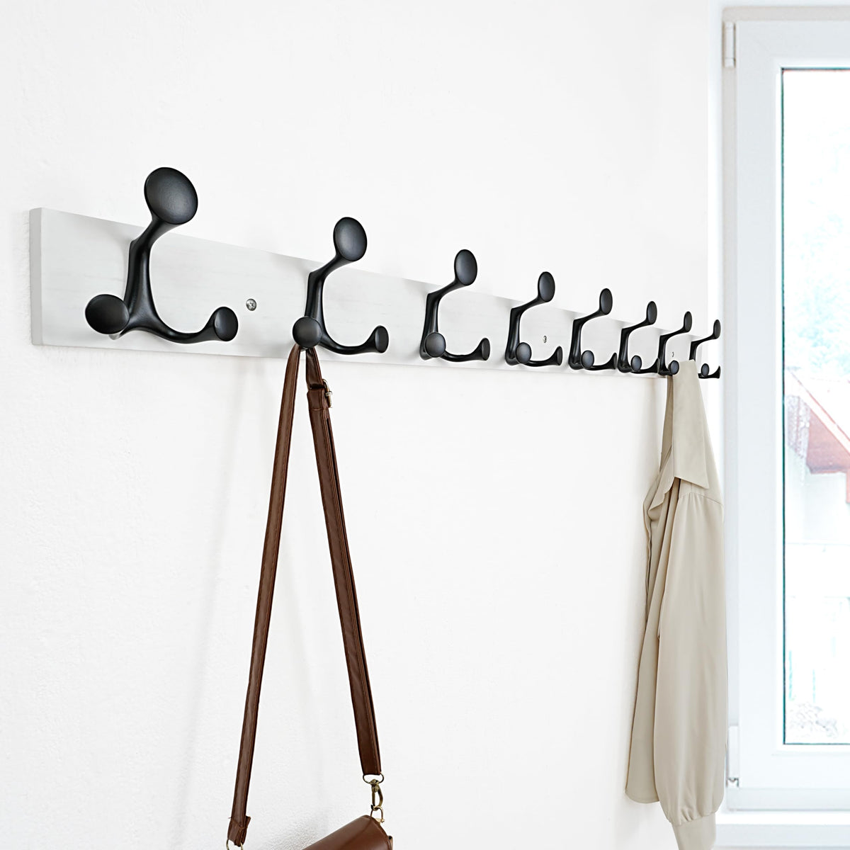 White Wood Wall Coat Rack, 43 Inch with 8 Triple Hooks