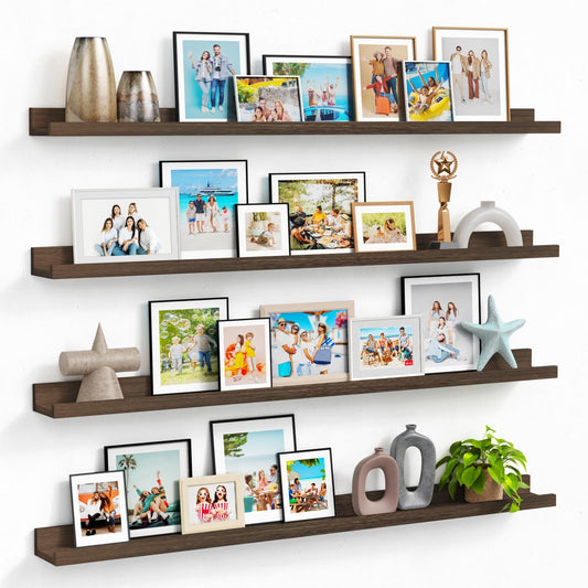 Dark Brown Wood Picture Ledge Shelves, 48 Inch, Set of 4