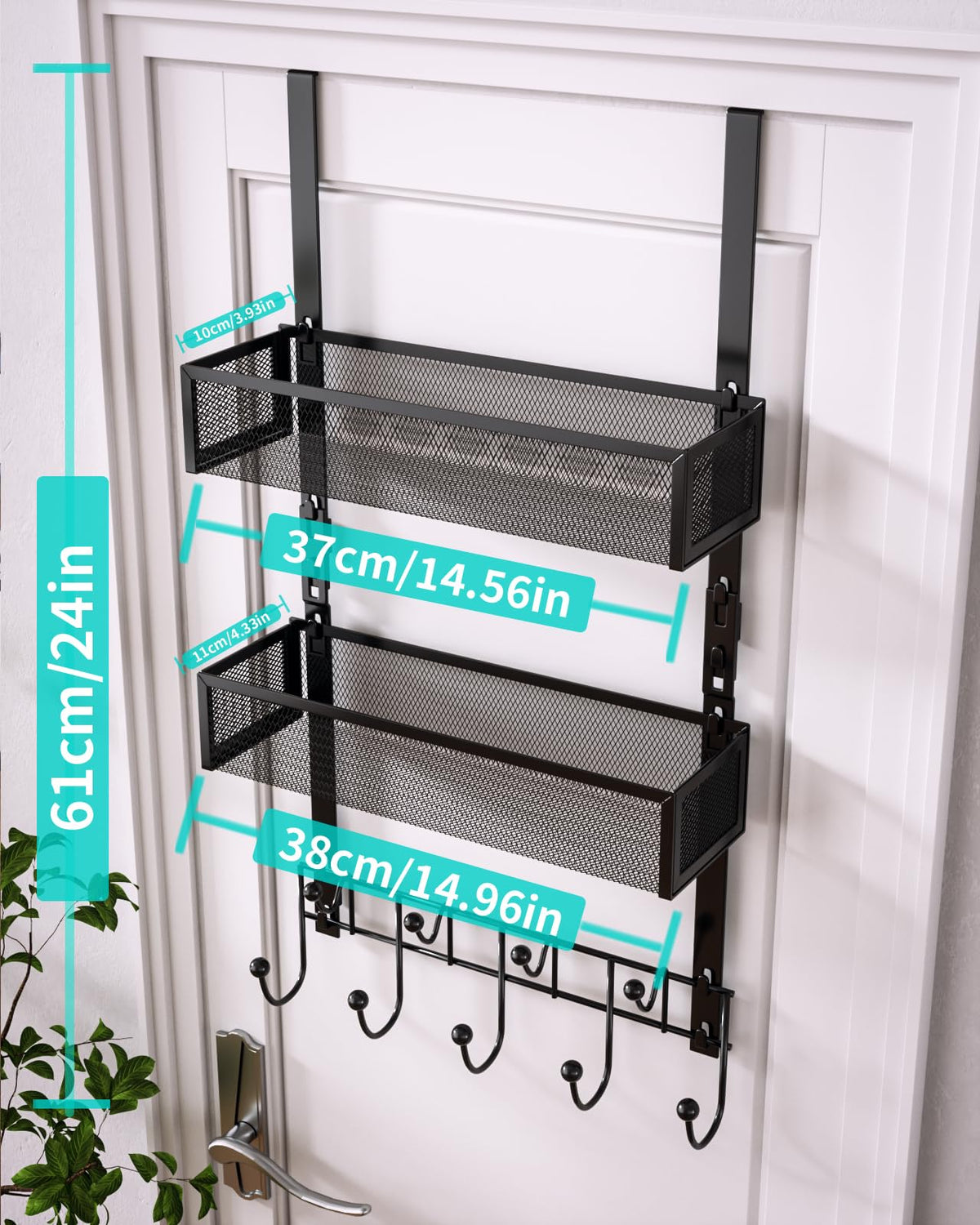 Over the Door Hook Rack with 2 Baskets and 9 Hooks, Black Steel