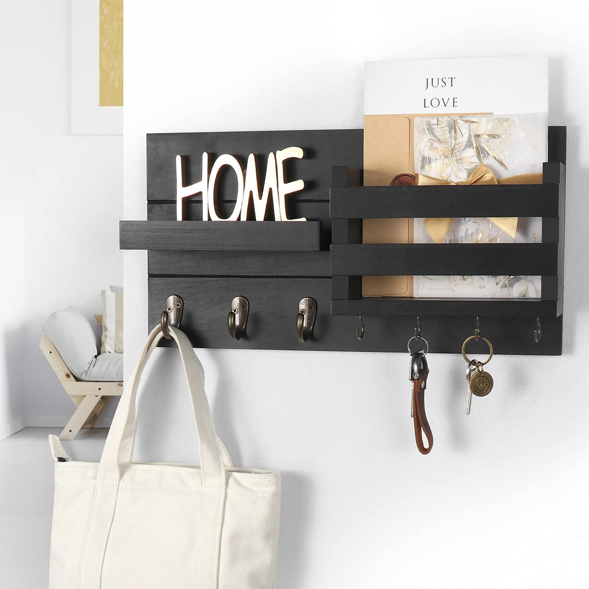 Wall Key and Mail Holder with Shelf, Black Rustic Wood, 3 Hooks