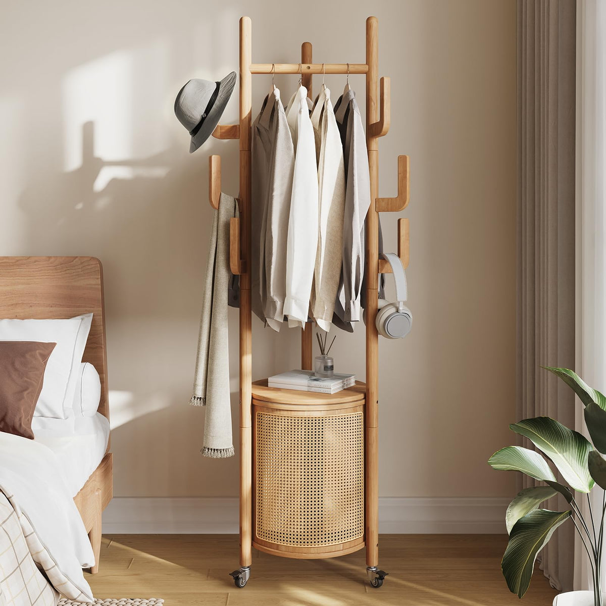 Rolling Rubberwood Coat Rack with Lidded Rattan Basket and 9 Hooks