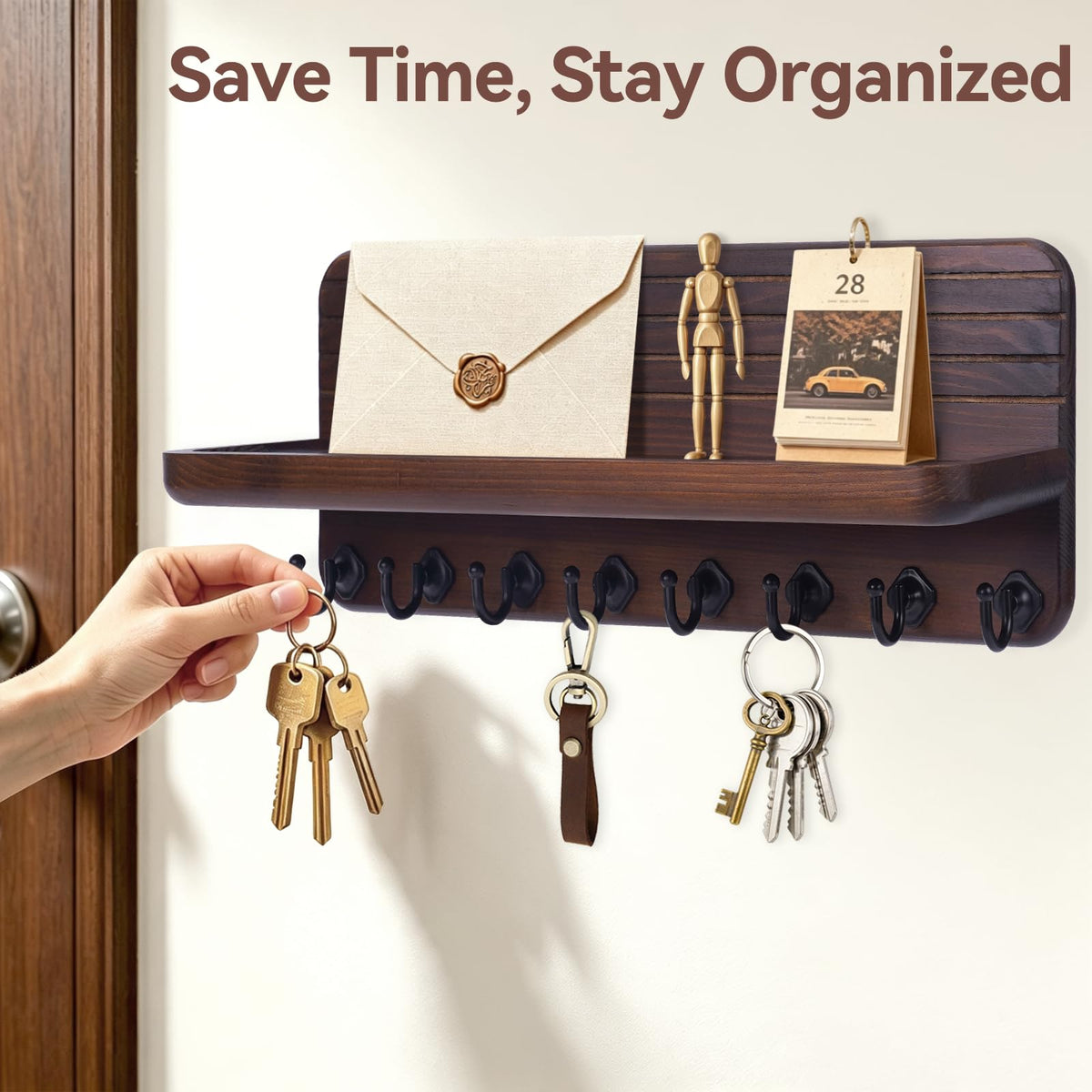 Pine Wood Key Holder with Curved Shelf and 8 Hooks, Brown