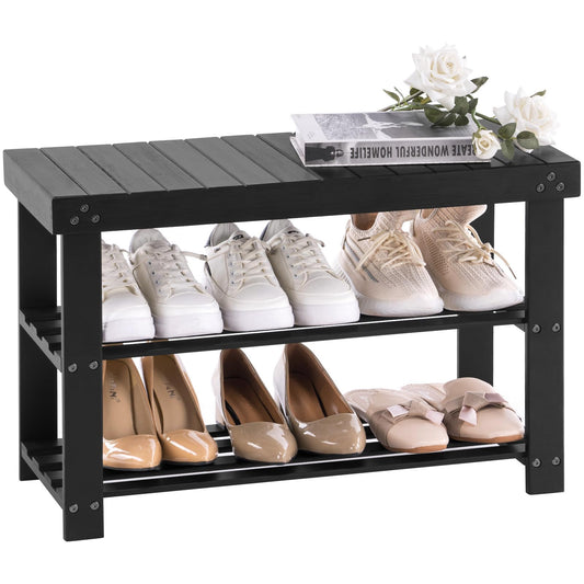 Bamboo Shoe Bench, 3 Tier Entryway Shoe Rack, 27.6 Inch, Black