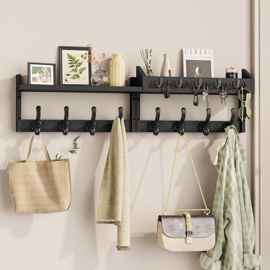 Black Pine Wall Coat Rack with Shelf, 35 Inch, Coat and Key Hooks
