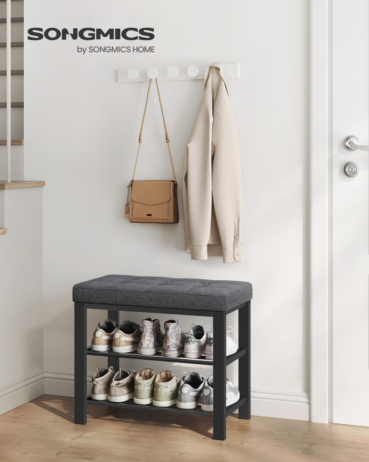Shoe Bench with Padded Cushion, 23.6 Inch, Dark Gray and Black Steel