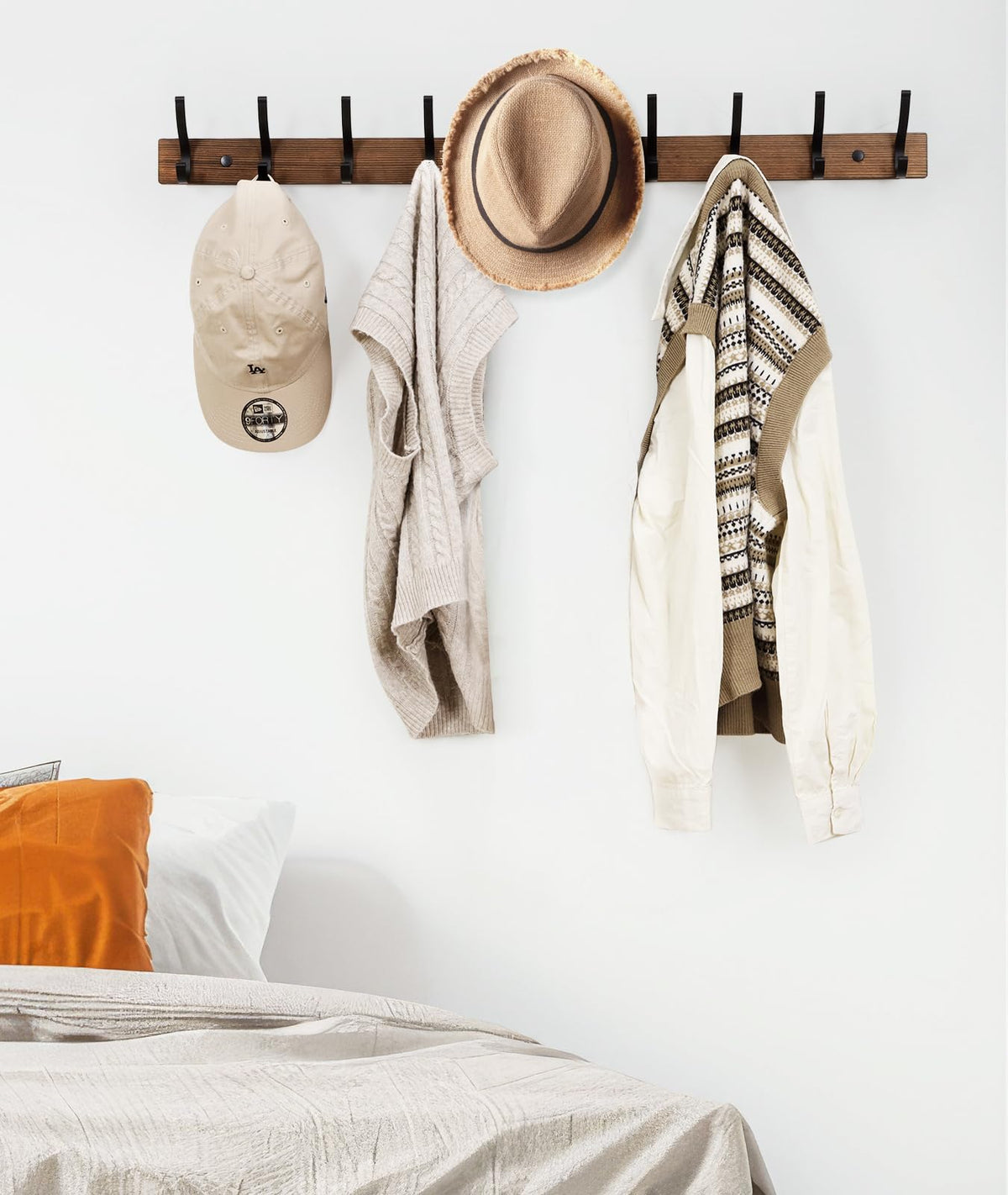 Wood Wall Coat Rack with 5 Hooks, 16.5 Inch Hook Rail for Coats, 2 Pack, Brown