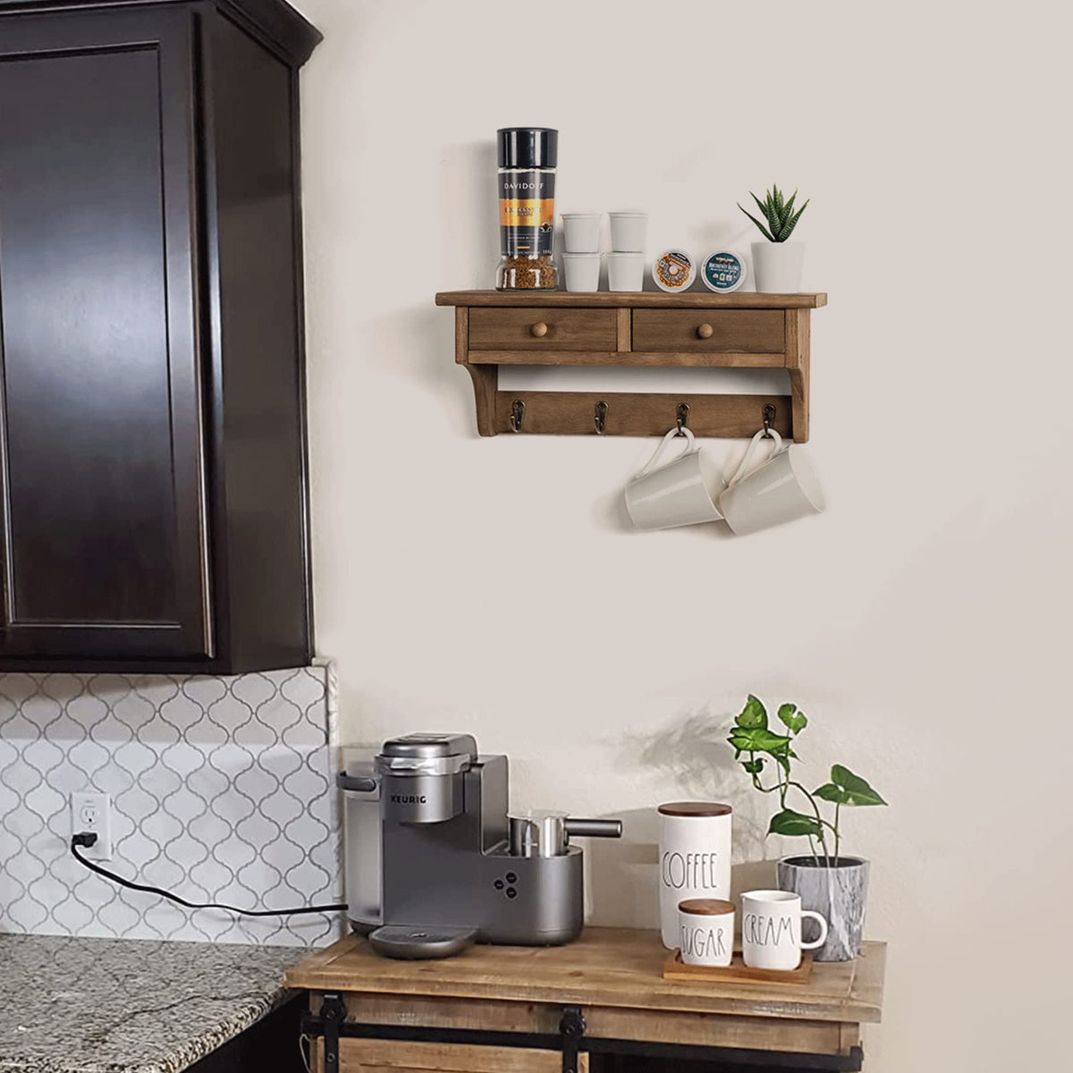 Walnut Wall Shelf with Bronze Coat Hooks, 17 Inch