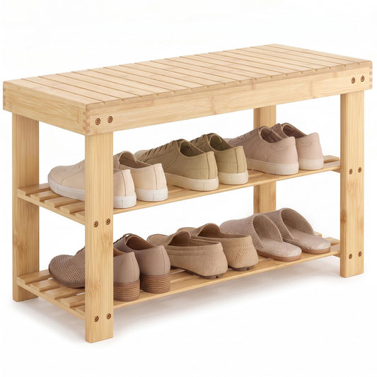 Natural Bamboo Shoe Bench, 3 Tier, 27.6 Inch, 286 lb Seat