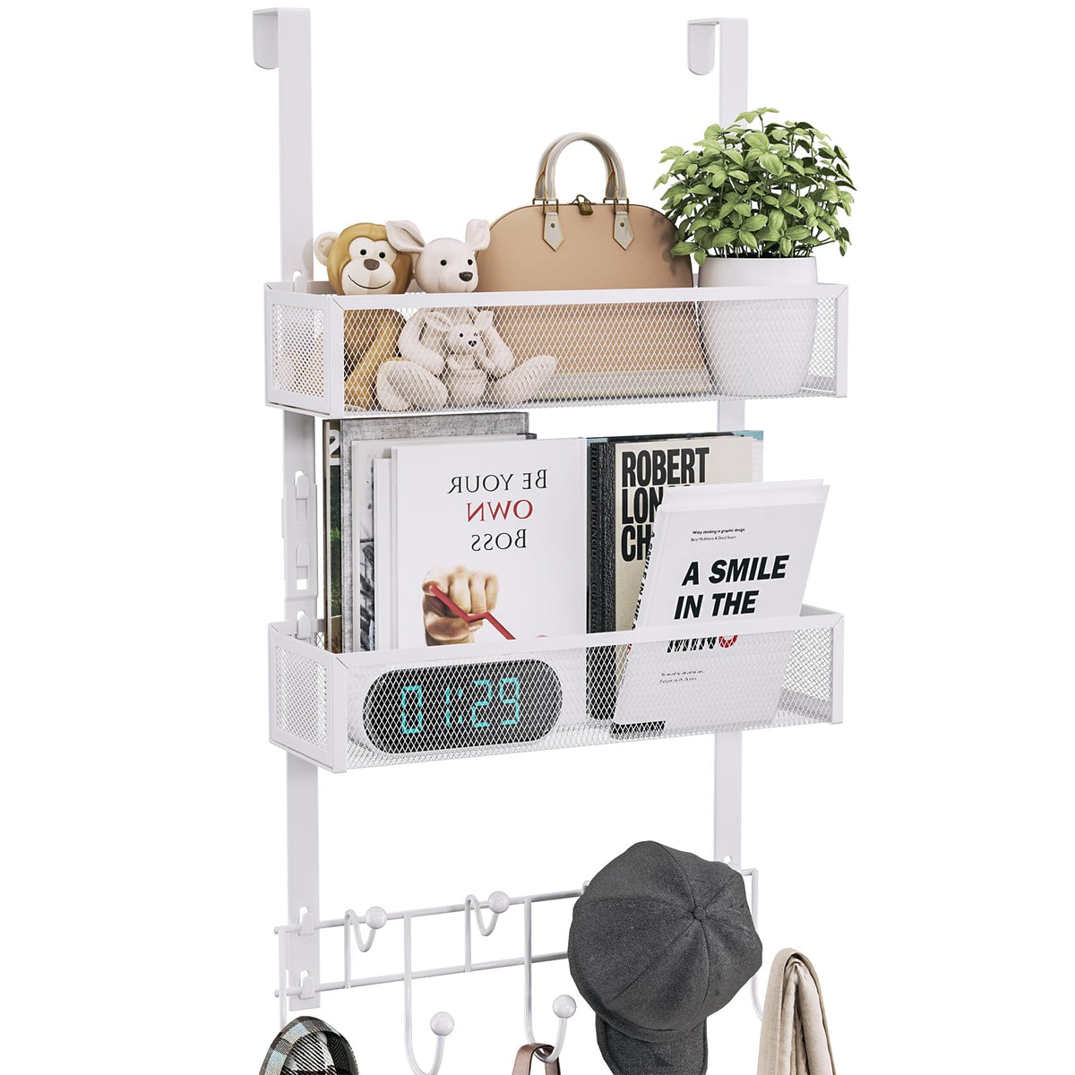 3 Tier Over the Door Organizer with 9 Hooks and 2 Mesh Baskets, White