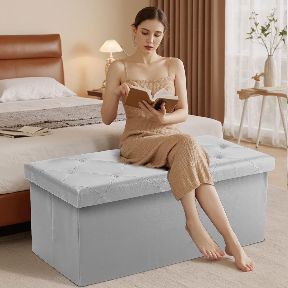 43 Inch Grey Storage Ottoman Bench, Folding, 35 Gallon Capacity