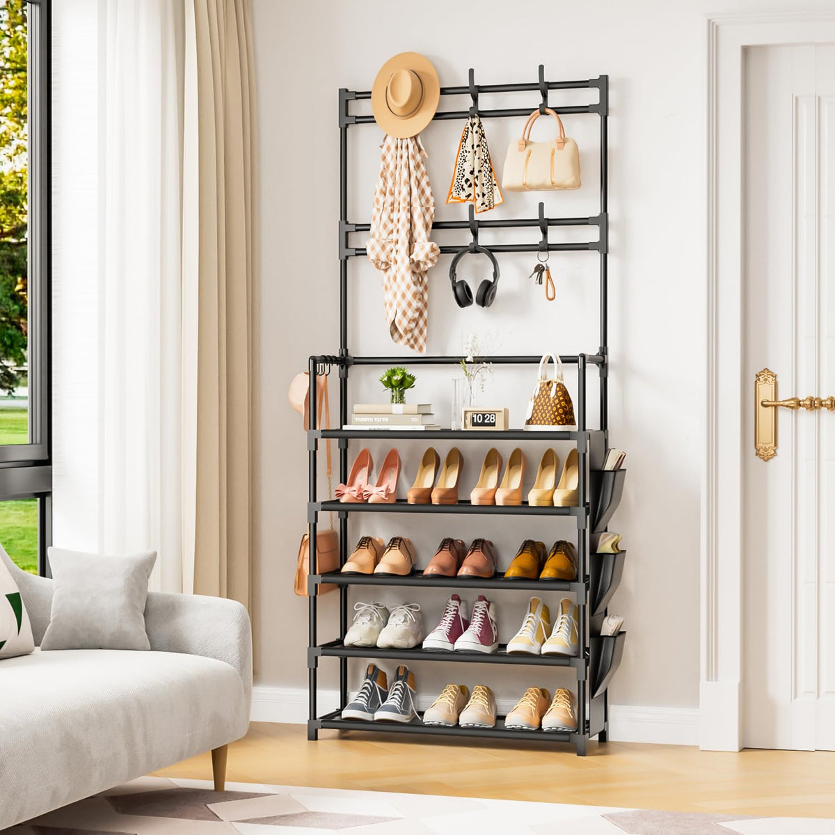 5 Tier Vertical Shoe Rack, Holds 15 to 20 Pairs, Black Metal