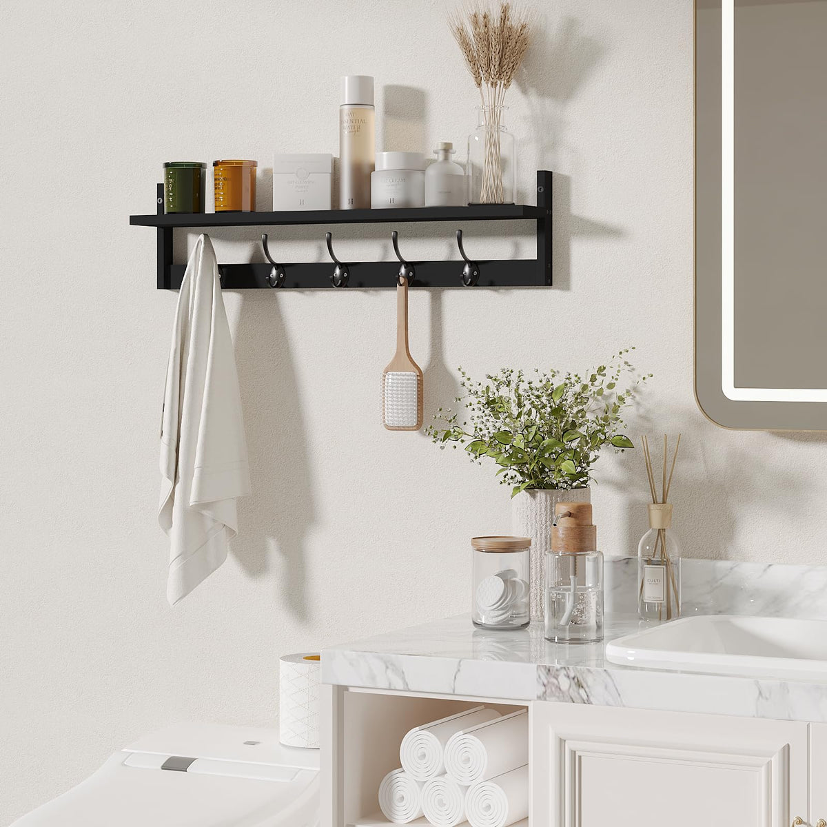 Wall Shelf with 5 Dual Hooks, 28.9 Inch Entryway Coat Rack, Black