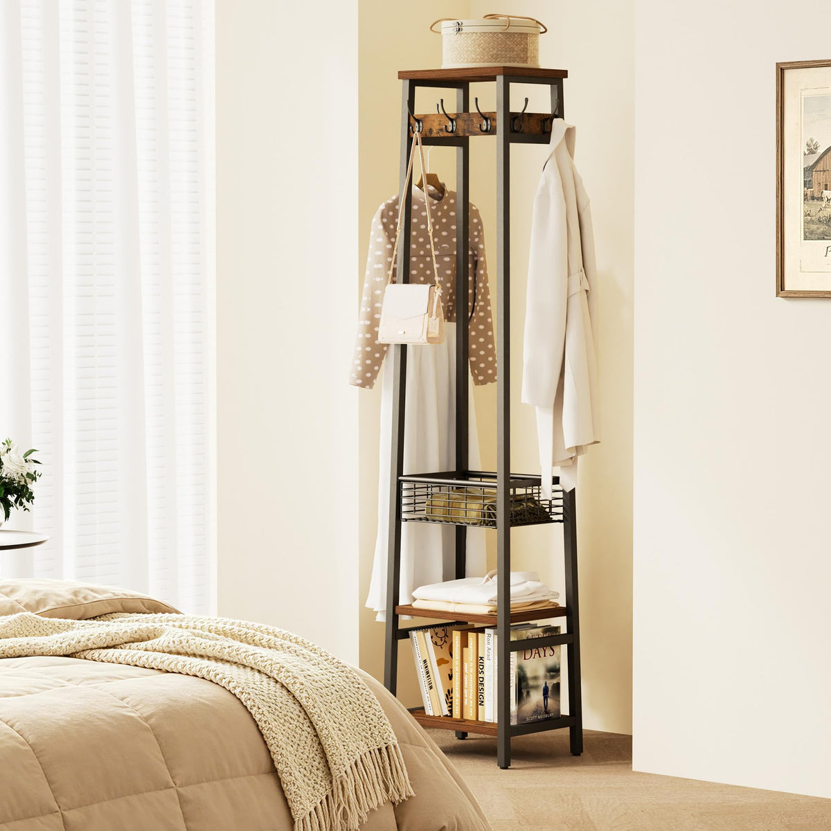 Freestanding Coat Rack with Metal Basket, 2 Shelves and 7 Hooks
