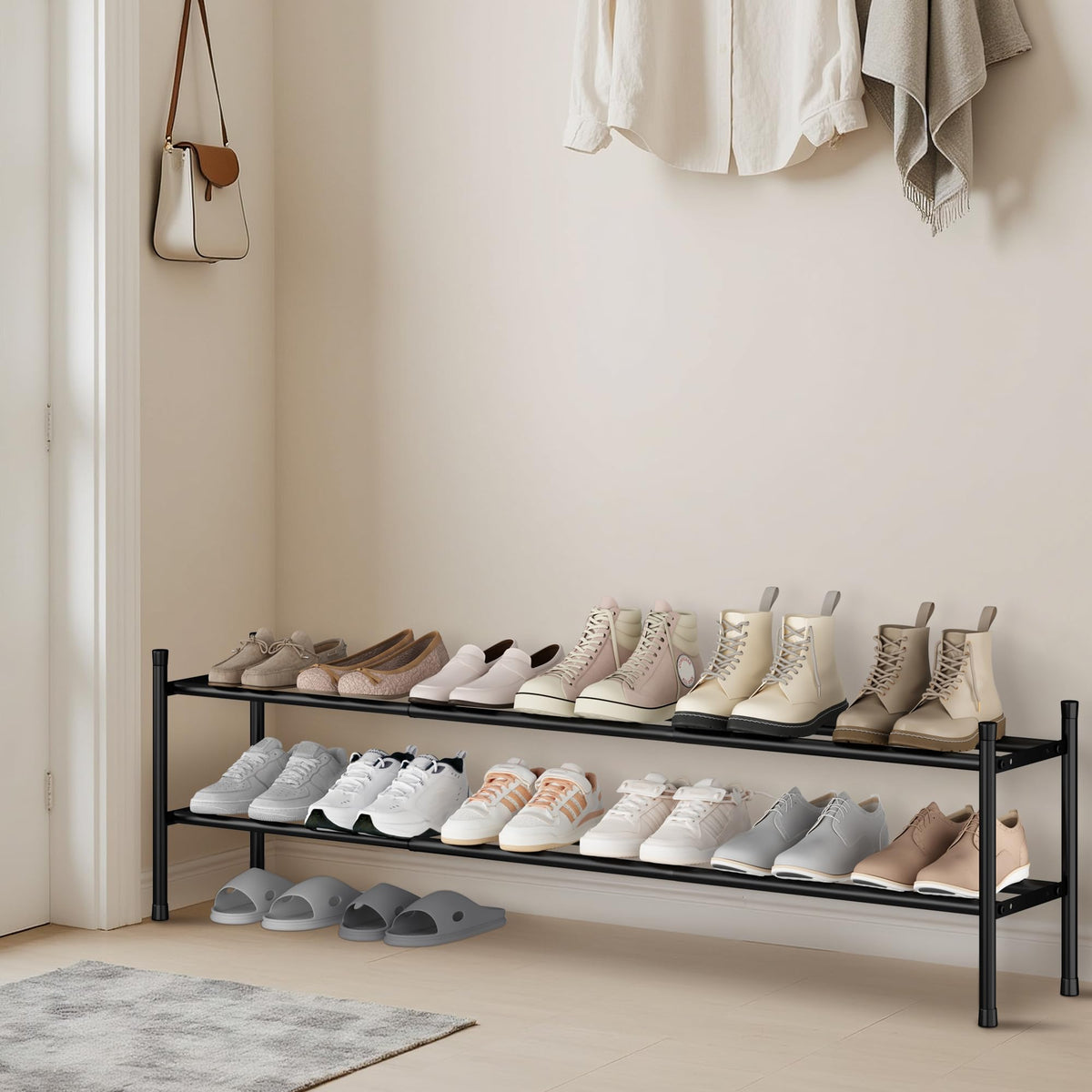 Long Expandable 2 Tier Shoe Rack, 33.3 to 47.5 Inch, Black Steel
