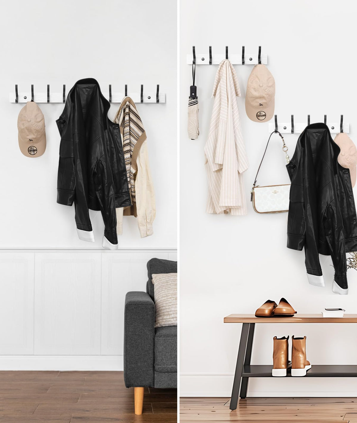 White Wood Wall Coat Racks, 2 Pack, 16.5 Inch with 5 Hooks Each