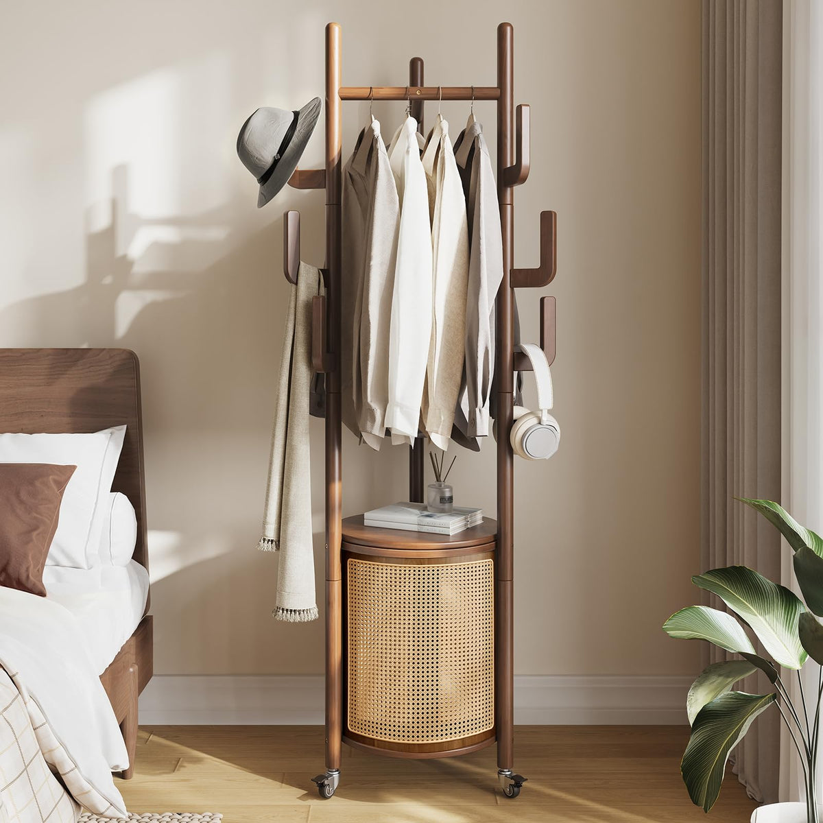 Rolling Wood Coat Rack with Rattan Basket, 65 Inch, Walnut
