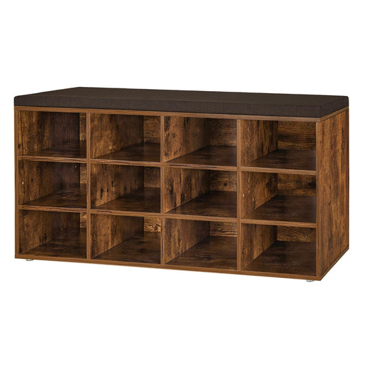 Cubby Shoe Storage Bench with Cushion, 12 Cubbies, Rustic Brown