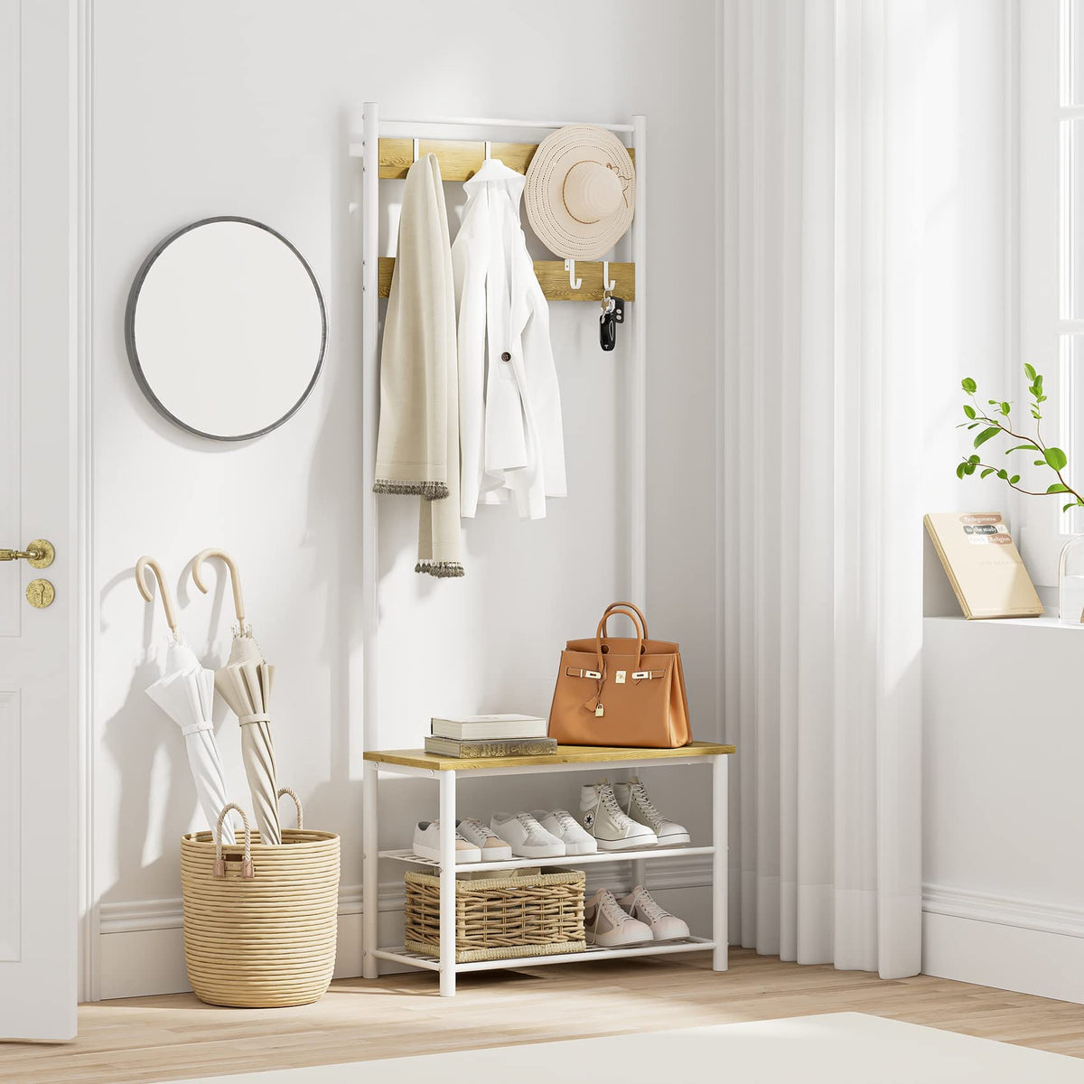 3-in-1 Hall Tree with Bench, Shoe Shelves and 9 Movable Hooks, White