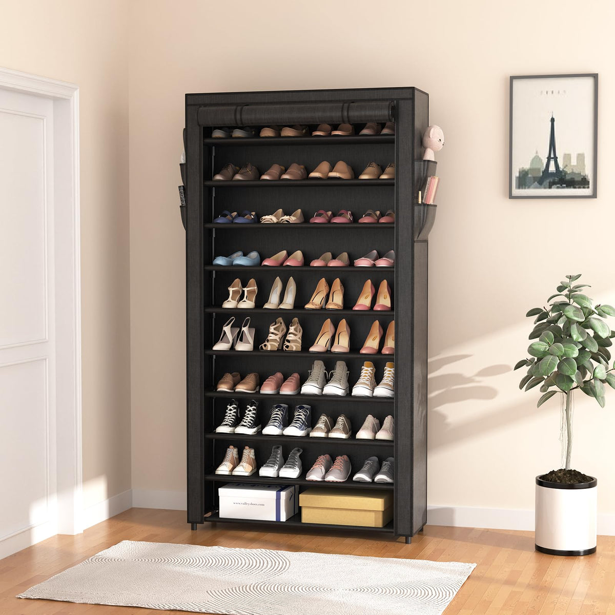 10 Tier Covered Shoe Rack, Holds 50 Pairs, Tall Metal Organizer