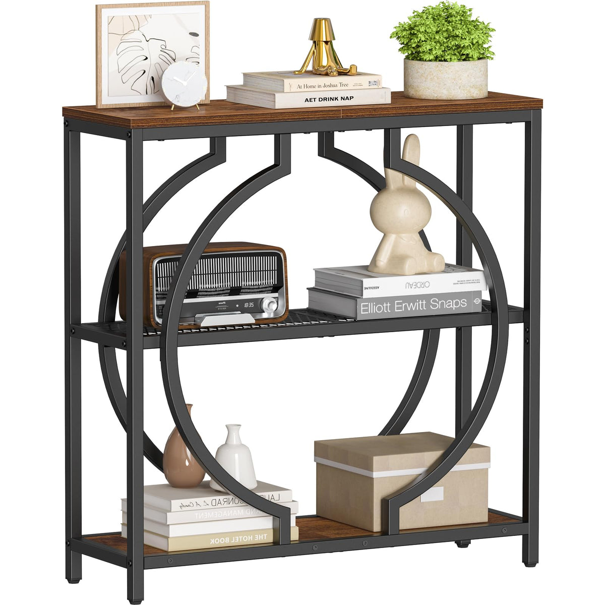 Round Frame Entryway Table with 3 Shelves, 29.5 Inch, Rustic Brown