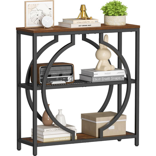 Round Frame Entryway Table with 3 Shelves, 29.5 Inch, Rustic Brown