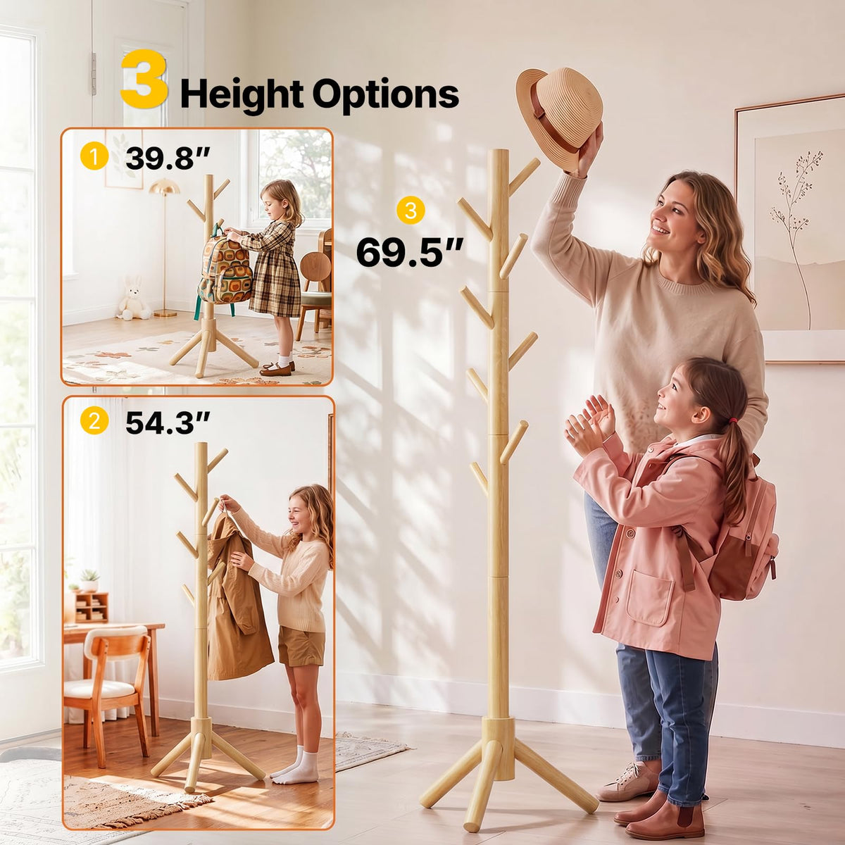 Natural Solid Wood Coat Stand with 8 Hooks, 3 Height Settings