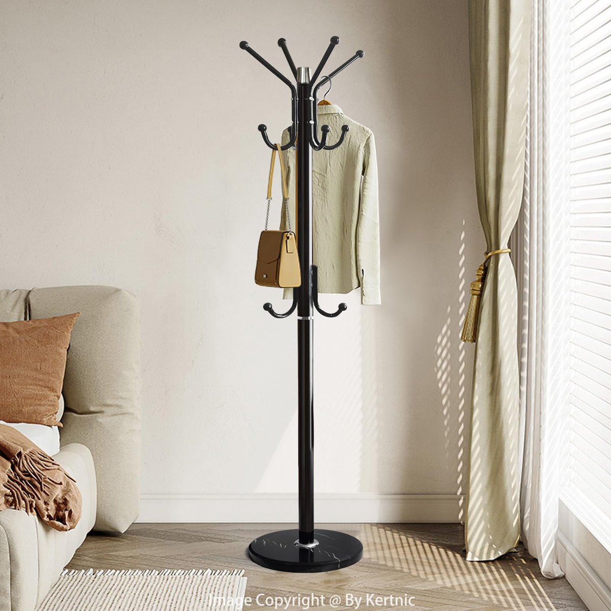 Metal Hall Tree Coat Rack, 11 Staggered Hooks, Marble Base, Black