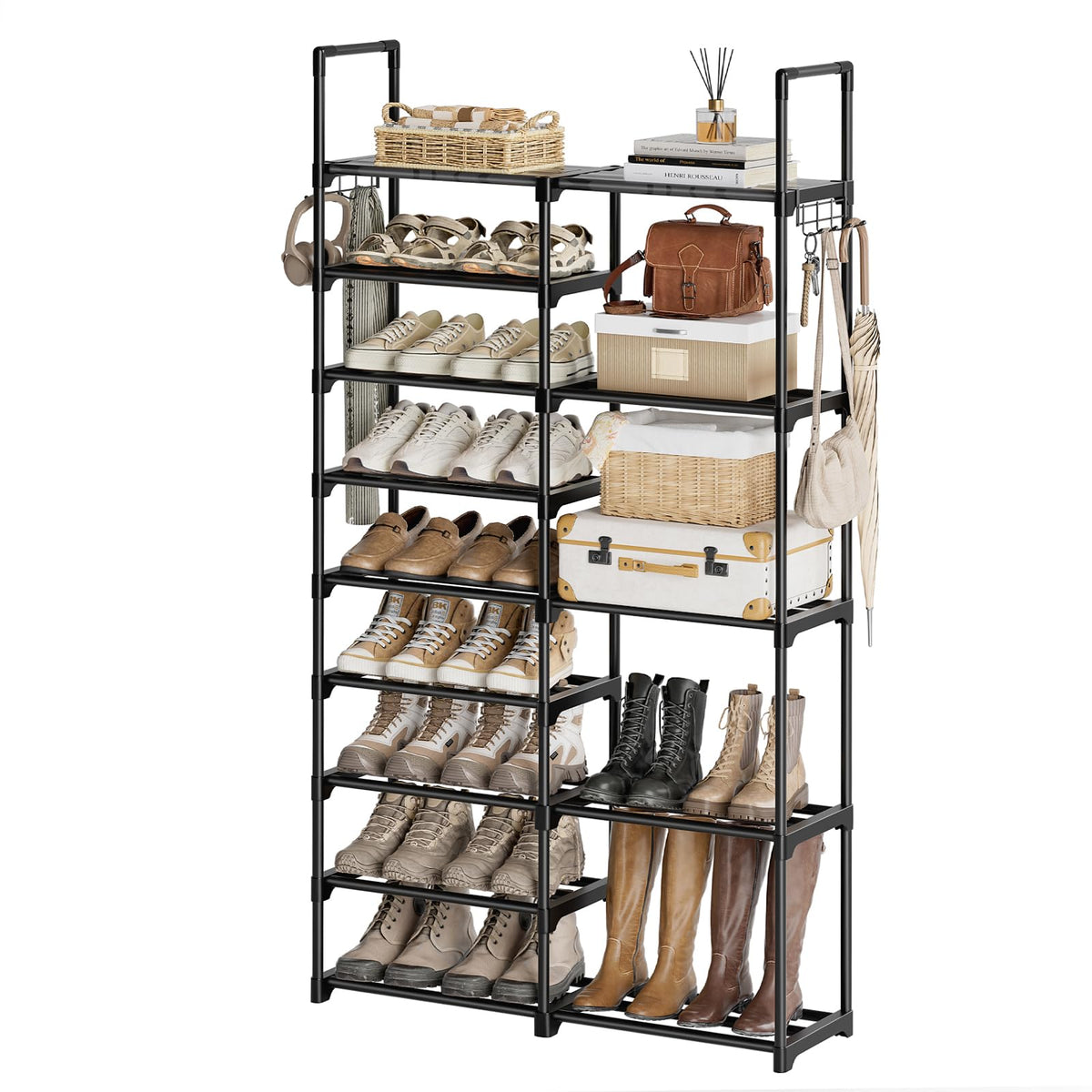 9 Tier Double Row Shoe Tower, Black Metal, Holds 30 to 35 Pairs