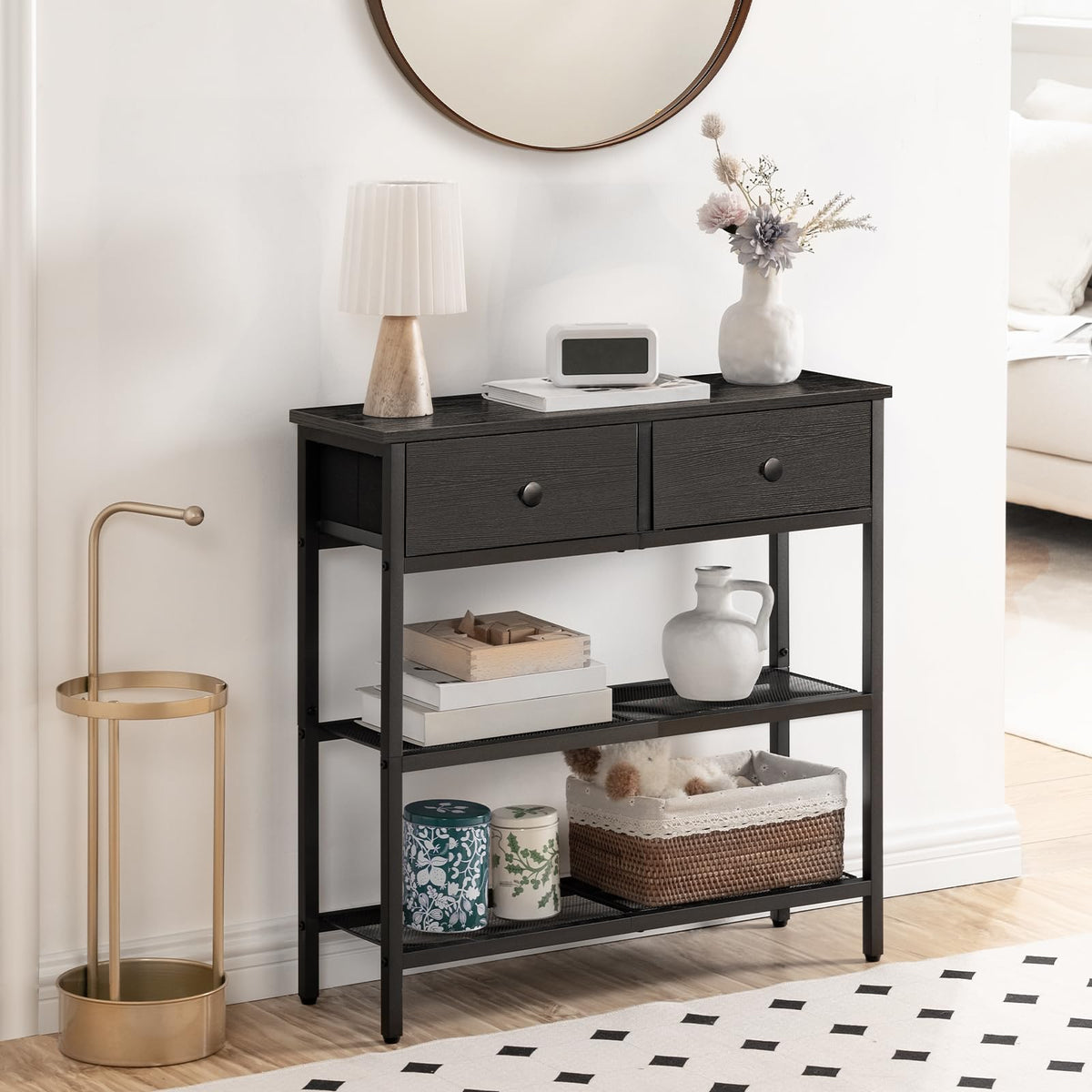 Black Narrow Console Table, 29.5 Inch, 2 Fabric Drawers and Shelves