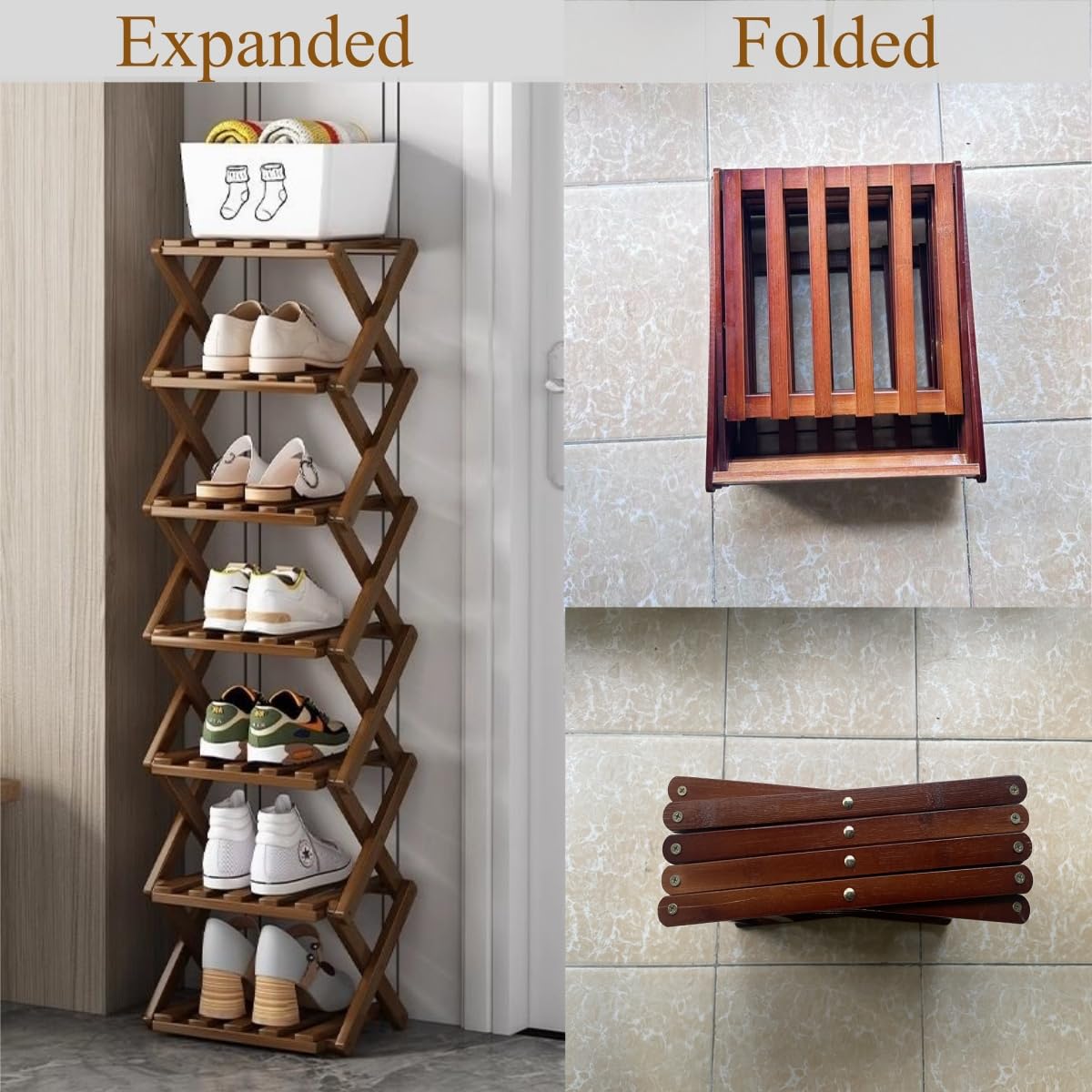 Foldable 5 Tier Bamboo Shoe Tower, Narrow Brown Shoe Shelf