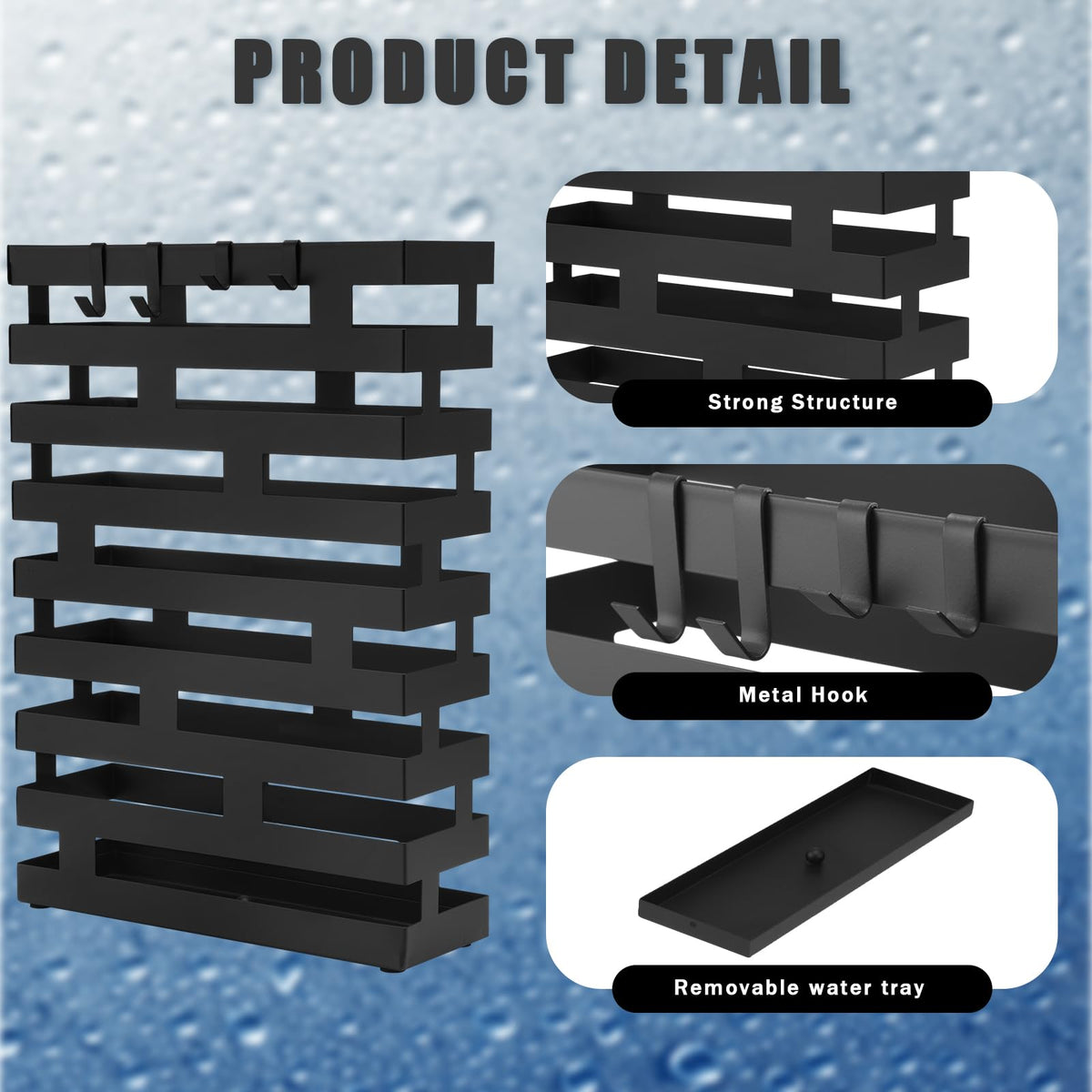 Rectangular Black Umbrella Holder, 16.93 Inch, with Hooks