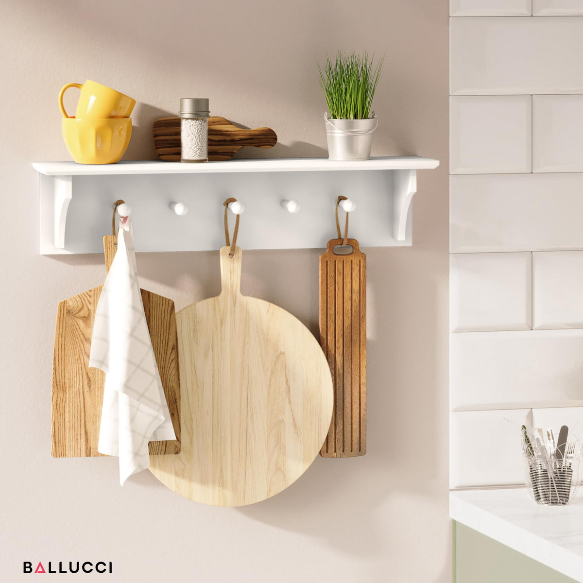 Wall Shelf with 5 Wooden Pegs, 24 Inch Coat and Hat Rack, White