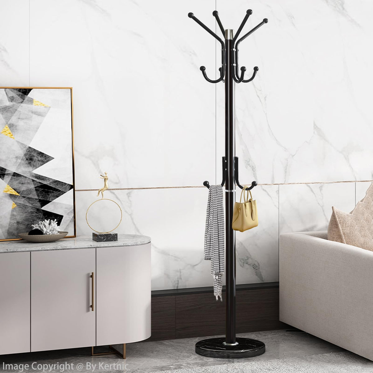 Metal Hall Tree Coat Rack, 11 Staggered Hooks, Marble Base, Black