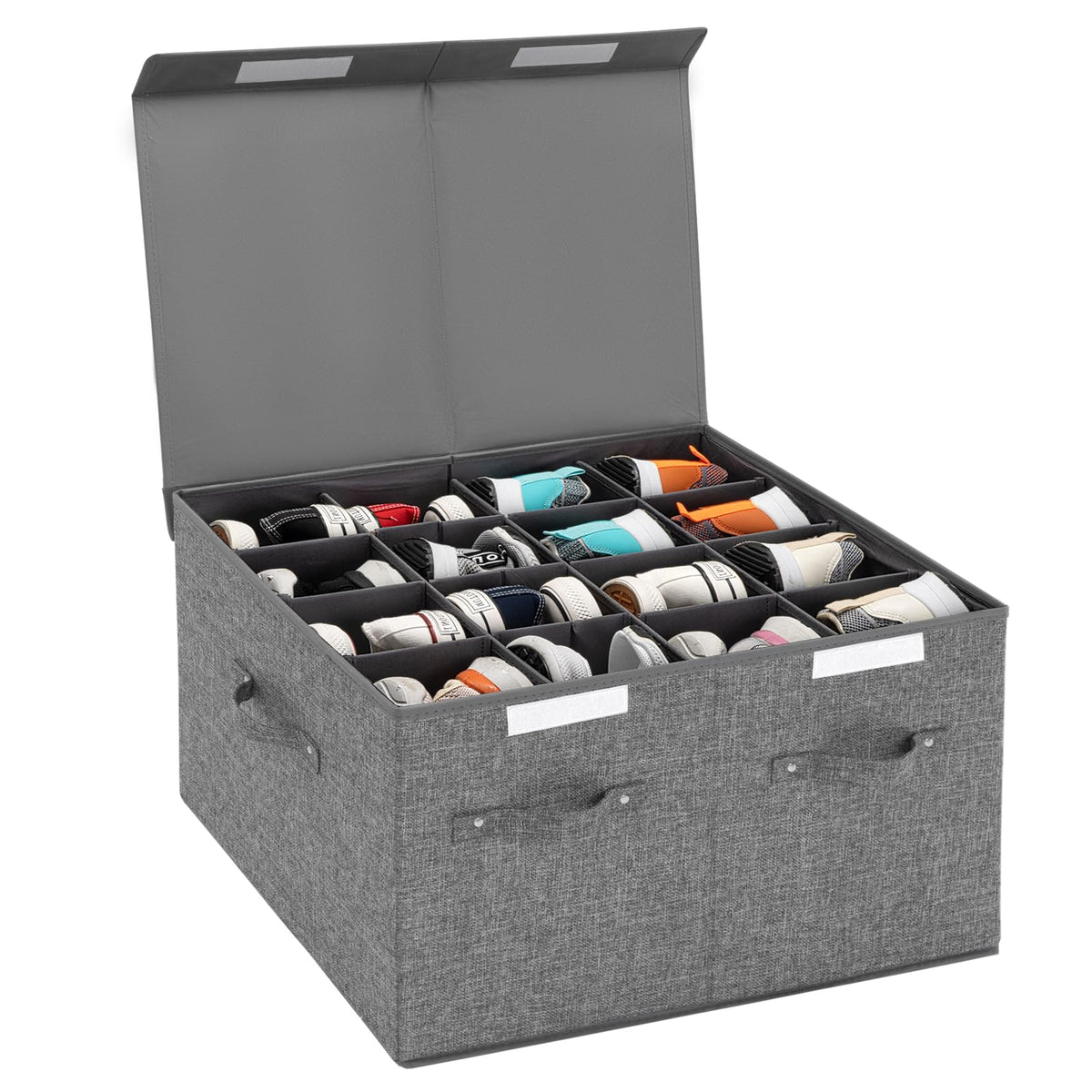 Fabric Shoe Storage Box with Lid, Holds 16 Pairs, Grey