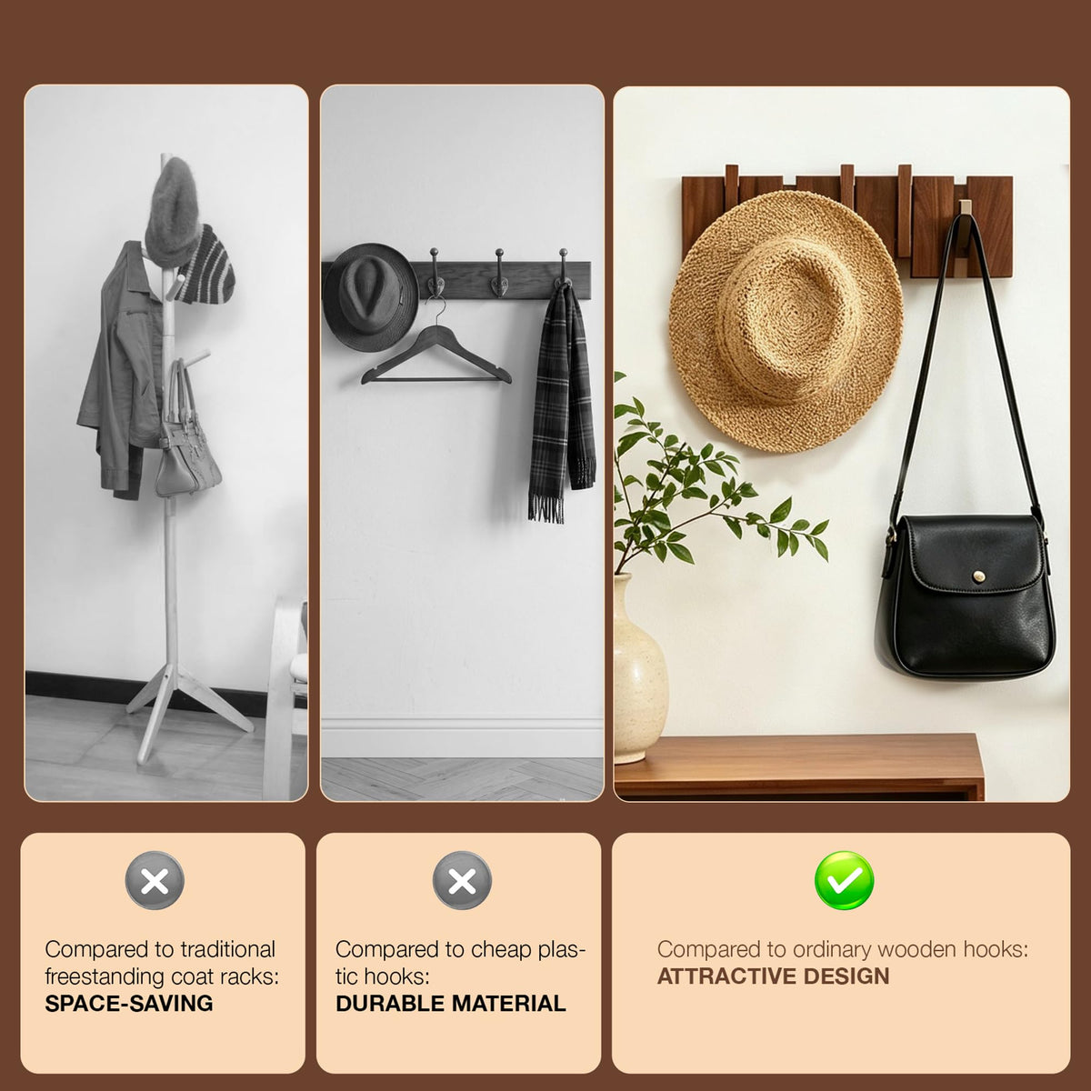 Flip-Down Wall Coat Hooks, 5 Hooks, Walnut Wood Picket Hanger
